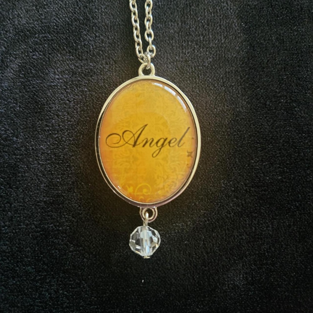 Pendant Necklace Silver-Tone Chain Reversible Amber-Gold Color Pendant